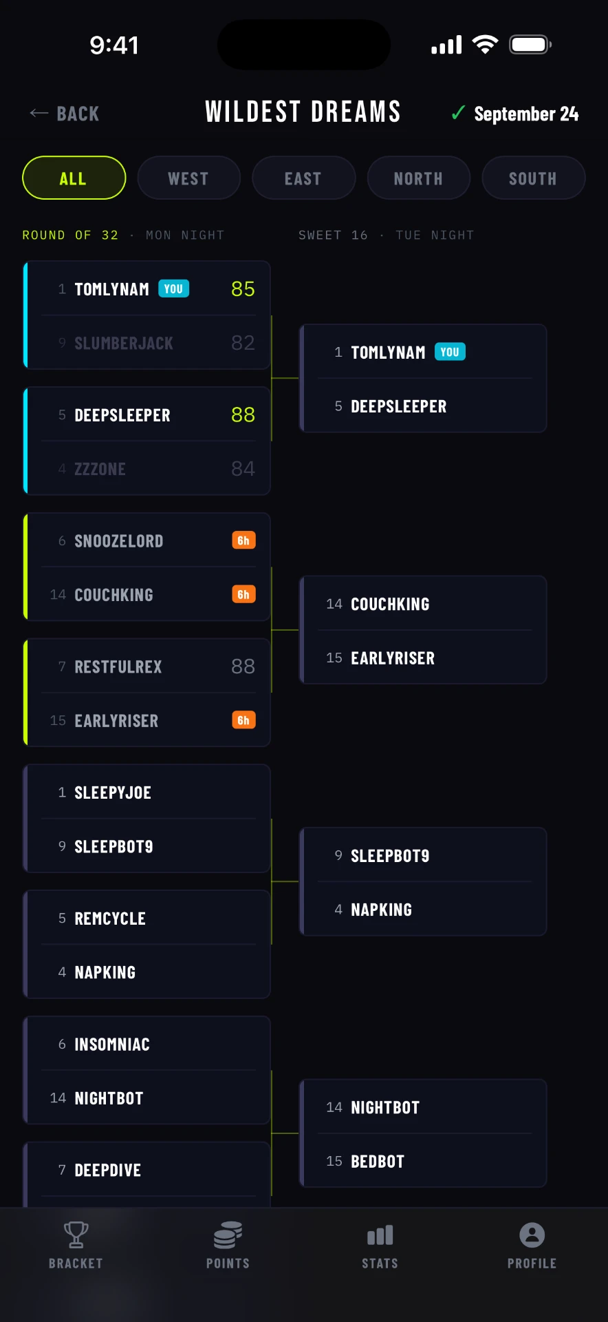 Dream Team bracket screen showing the Wildest Dreams tournament, Round of 32 and Sweet 16 matchups